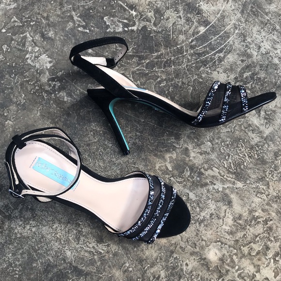 Betsey Johnson VEDA Black Embellished 3.5 inch Blue Sole Heels | Size 7.5 - Picture 4 of 14